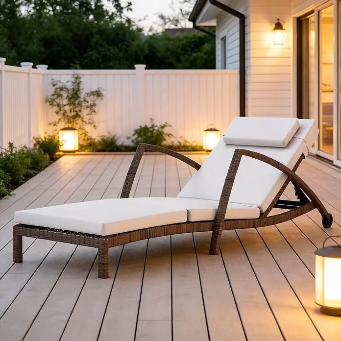 SONNENH Gartenliege - B x T: 185 x 72 cm, Beige/Braun, Stahl, Rückenlehne verstellbar - Braune Rattan-Liege mit weißen Kissen auf einer Terrasse, beleuchtet von Außenlichtern, ideal für abendliche Entspannung.