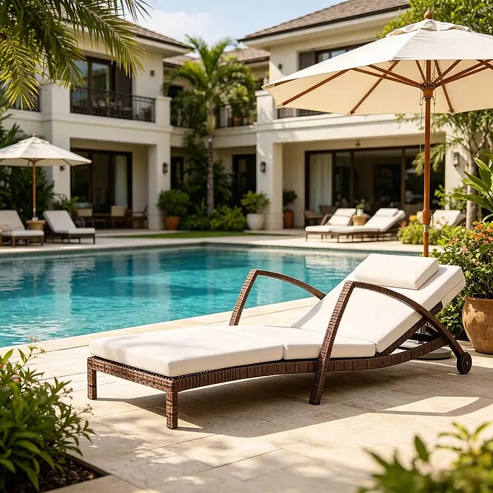 SONNENH Gartenliege - B x T: 185 x 72 cm, Beige/Braun, Stahl, Rückenlehne verstellbar - Braune Rattan-Sonnenliege mit weißen Kissen und Rädern am blauen Pool.
