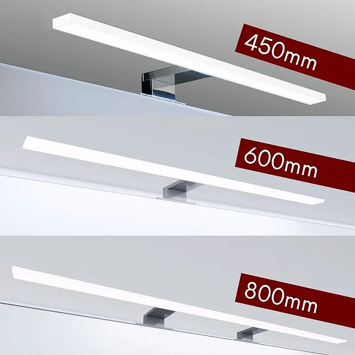 kalb LED Spiegelleuchte 45cm 3000K Chrom 4 Leuchtrichtungen -  - Weiße LED-Lichtleiste mit silbernen Halterungen, in 450mm, 600mm und 800mm Längen.