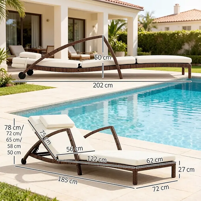 SONNENH Gartenliege - B x T: 185 x 72 cm, Beige/Braun, Stahl, Rückenlehne verstellbar - Braune Rattan-Sonnenliege mit cremefarbenen Kissen, mit Maßen am Pool gezeigt. Verstellbare Rückenlehne.