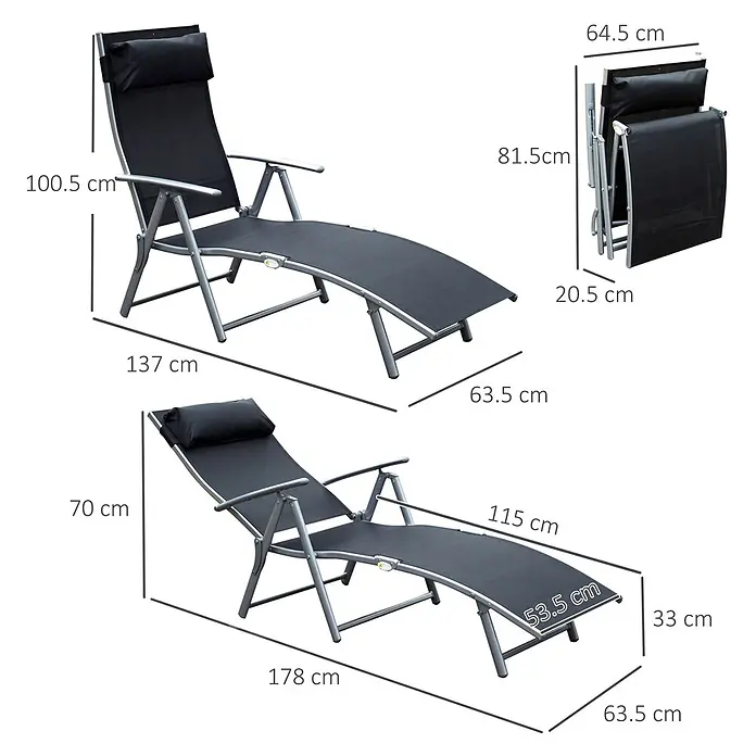 SONNENH Gartenliege - B x T: 137 x 63,5 cm, Schwarz, Metall, Klappbar - Schwarze, verstellbare und klappbare Gartenliege mit grauem Gestell. Offen: 178x63,5x100,5 cm (LxBxH); Geklappt: 81,5x64,5x20,5 cm (HxBxT).