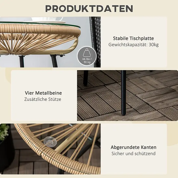 SONNENH Garten-Beistelltisch rund - Ø x H: 50 x 50 cm, PE-Rattan, pulverbeschichteter Metallrahmen und gehärtetes Glas, Schwarz/Beige - Runder Tisch im Rattan-Stil mit Glasplatte und schwarzen Metallbeinen, zeigt 30kg Tragkraft und abgerundete Kanten.