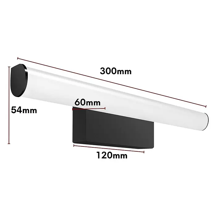 kalb LED Spiegelleuchte 30cm 4000K Schwarz Rund -  - Technische Zeichnung einer schwarz-weißen wandmontierten Leuchte mit rechteckigem Sockel und zylindrischem Diffusor, mit Maßen.