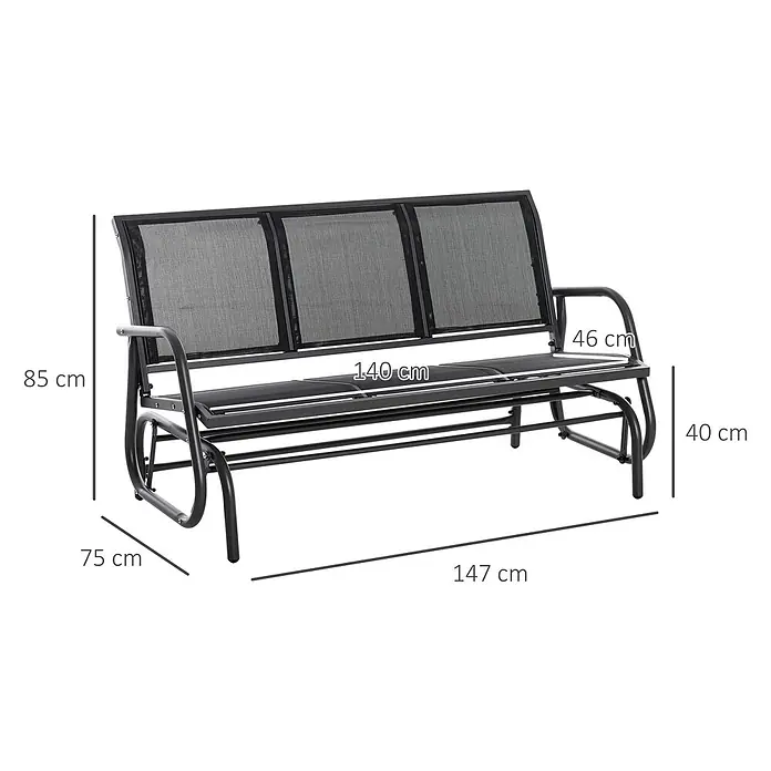 SONNENH Gartenbank Schaukelbank - B x T x H: 147 x 70 x 85 cm, Metallgestell mit atmungsaktivem Netzstoff, Schwarz - Schwarze Metall-Schaukelbank für draußen mit Netzgewebe und Maßangaben.