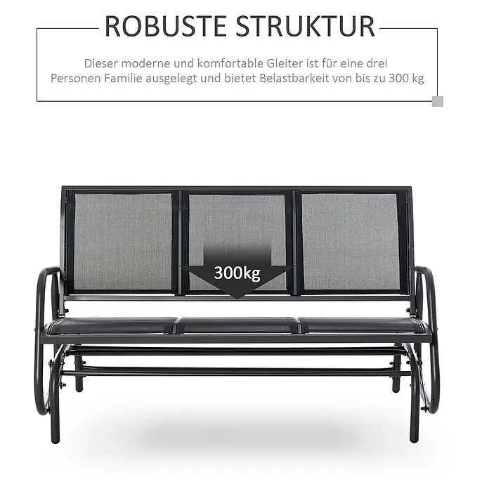 SONNENH Gartenbank Schaukelbank - B x T x H: 147 x 70 x 85 cm, Metallgestell mit atmungsaktivem Netzstoff, Schwarz - Dunkelgraue Metall-Gleiterbank mit Netzsitzen, ausgelegt für bis zu 300 kg Belastbarkeit.