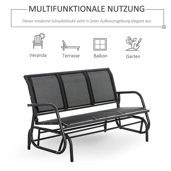 SONNENH Gartenbank Schaukelbank - B x T x H: 147 x 70 x 85 cm, Metallgestell mit atmungsaktivem Netzstoff, Schwarz - Schwarze Metall-Gleitsitzbank mit Netzbespannung für den Außenbereich.