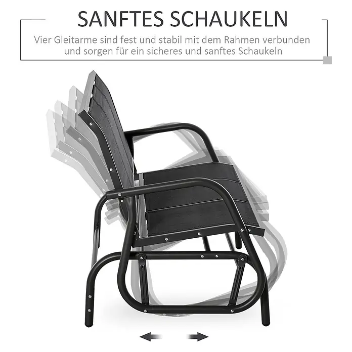 SONNENH Gartenbank Schaukelbank - B x T x H: 147 x 70 x 85 cm, Metallgestell mit atmungsaktivem Netzstoff, Schwarz - Schwarzer Schaukelstuhl aus Metall und Stoff mit sanftem Gleitmechanismus, in Bewegung dargestellt.