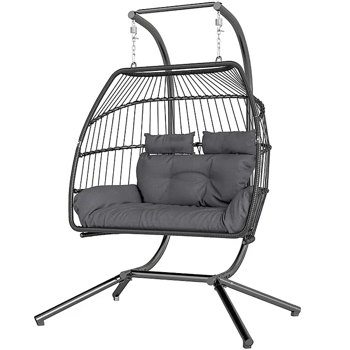 SONNENH Hängesessel - L x B x H: 170 x 100 x 185 cm, Kunststoff, Dunkelgrau - Dunkelgrauer Zweisitzer-Hängesessel im Ei-Stil mit Korbstruktur und weichen Kissen, an einem stabilen Metallgestell aufgehängt.