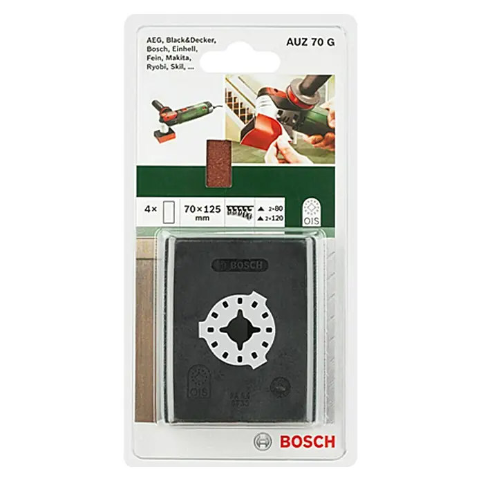 Bosch Taco lijador de perfiles AUZ 70 G - Apto para: Madera, Medidas papel abrasivo: 70 x 125 mm - El juego de hojas de sierra Bosch AUZ 70 G, apto para diversas herramientas eléctricas, ofrece cortes precisos y es un accesorio indispensable.