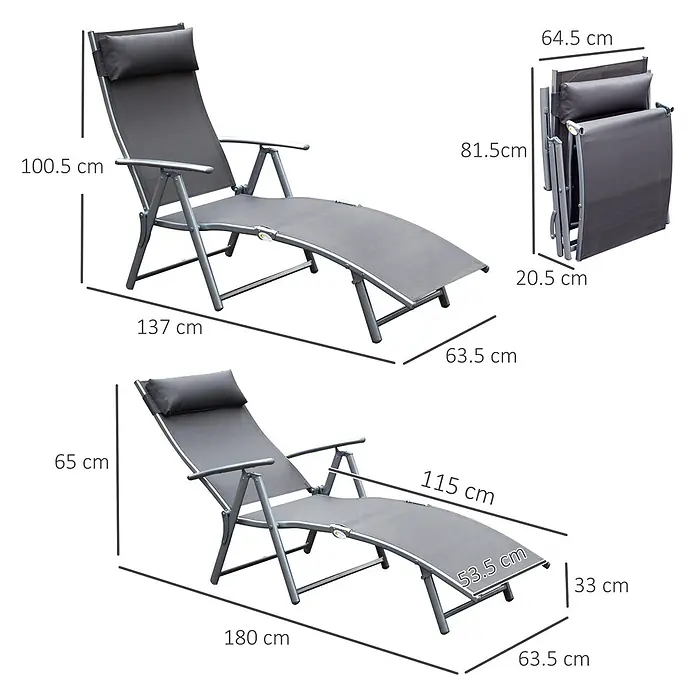 SONNENH Gartenliege - B x T: 137 x 63,5 cm, Grau, Metall, Klappbar - Graue klappbare Sonnenliege mit Metallrahmen, in Liege- und zusammengeklappter Position mit Maßen dargestellt.