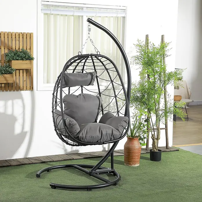 SONNENH Hängesessel - L x B x H: 102 x 102 x 195 cm, Stahl, Schwarz - Schwarzer Hänge-Eiersessel mit grauen Kissen auf stabilem Stand, für Außenbereiche geeignet.