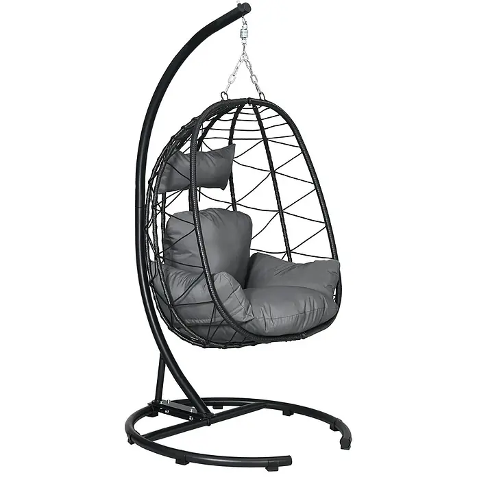 SONNENH Hängesessel - L x B x H: 102 x 102 x 195 cm, Stahl, Schwarz - Schwarzer Hänge-Eierstuhl aus Korbgeflecht mit schwarzem Metallständer und grauen Kissen.
