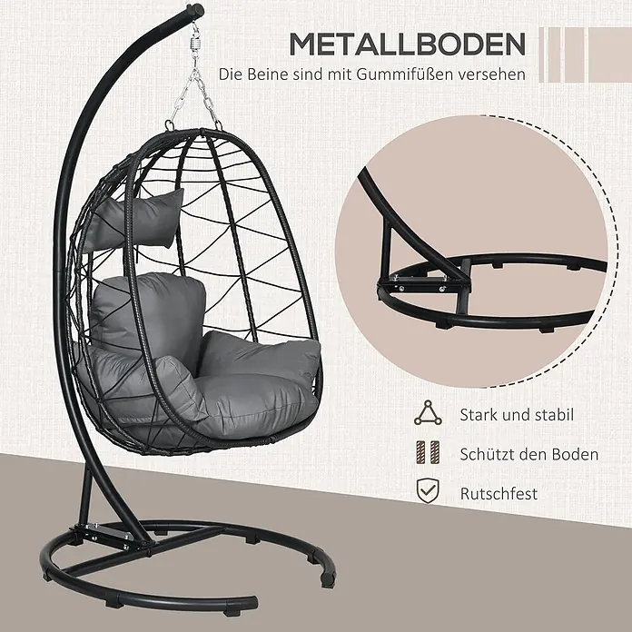 SONNENH Hängesessel - L x B x H: 102 x 102 x 195 cm, Stahl, Schwarz - Schwarzer Metall-Hängekorbsessel mit grauen Kissen auf stabilem Metallgestell. Die Gummifüße schützen den Boden und sorgen für Rutschfestigkeit.