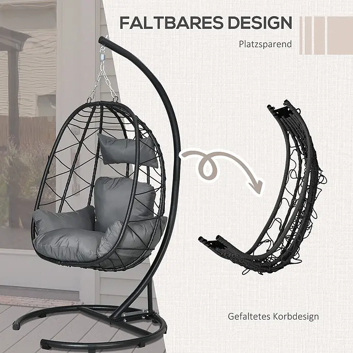 SONNENH Hängesessel - L x B x H: 102 x 102 x 195 cm, Stahl, Schwarz - Schwarzer Hängesessel mit grauen Kissen, montiert und platzsparend zusammengefaltet gezeigt.