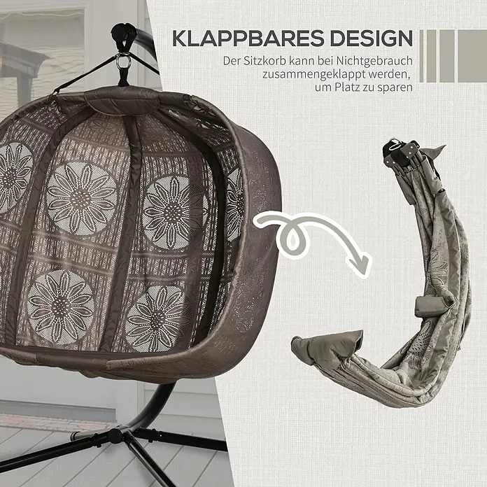 SONNENH Hängesessel - L x B x H: 132 x 126 x 172 cm, Stahl, Sandfarben - Brauner klappbarer Hängesessel, zusammengebaut und kompakt zusammengeklappt zur Platzeinsparung gezeigt.