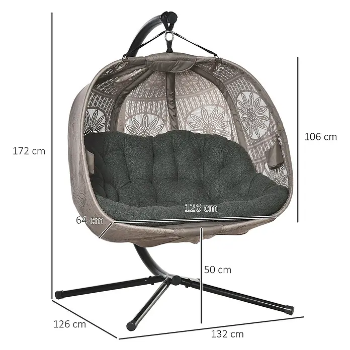 SONNENH Hängesessel - L x B x H: 132 x 126 x 172 cm, Stahl, Sandfarben - Grauer Hänge-Ei-Stuhl mit dunklem Kissen auf schwarzem Stand. Gesamthöhe 172 cm, Basis 126x132 cm, Sitzbreite 126 cm.