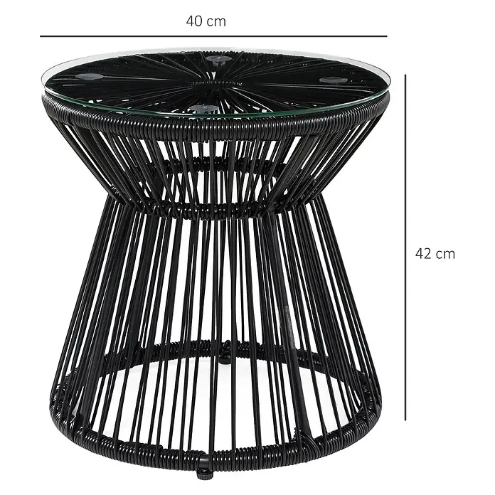 SONNENH Garten-Beistelltisch rund - Ø x H: 40 x 42 cm, PE-Rattan, pulverbeschichteter Metallrahmen und gehärtetes Glas, Schwarz - Kleiner schwarzer Beistelltisch aus Geflecht mit runder Glasplatte, 40 cm Durchmesser und 42 cm hoch.