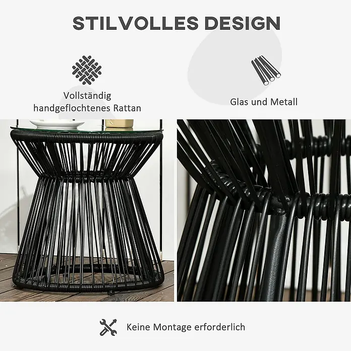 SONNENH Garten-Beistelltisch rund - Ø x H: 40 x 42 cm, PE-Rattan, pulverbeschichteter Metallrahmen und gehärtetes Glas, Schwarz - Schwarzer handgeflochtener Rattan-Beistelltisch mit Glasplatte und Metallrahmen.