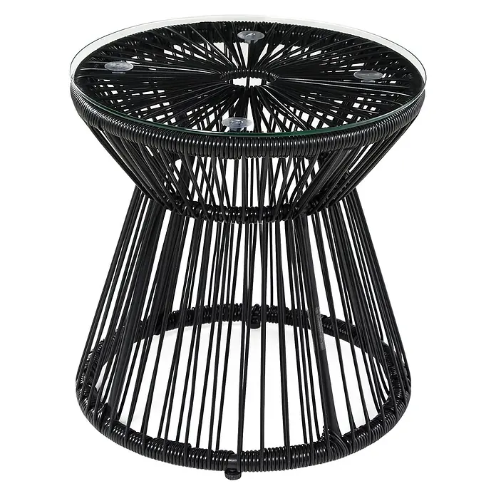 SONNENH Garten-Beistelltisch rund - Ø x H: 40 x 42 cm, PE-Rattan, pulverbeschichteter Metallrahmen und gehärtetes Glas, Schwarz - Schwarzer Beistelltisch im Geflecht-Stil mit runder Glasplatte.