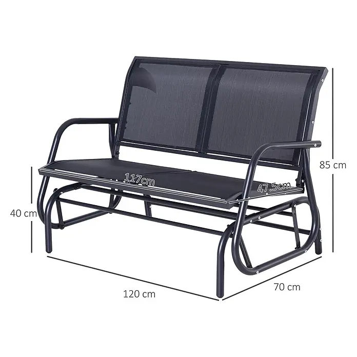 SONNENH Gartenbank Schaukelbank - B x T x H: 120 x 70 x 88 cm, Metallgestell mit atmungsaktivem Netzstoff, Schwarz - Schwarze Metall-Zweisitzer-Gartenschaukelbank mit Netzgewebe-Sitz und -Rückenlehne.