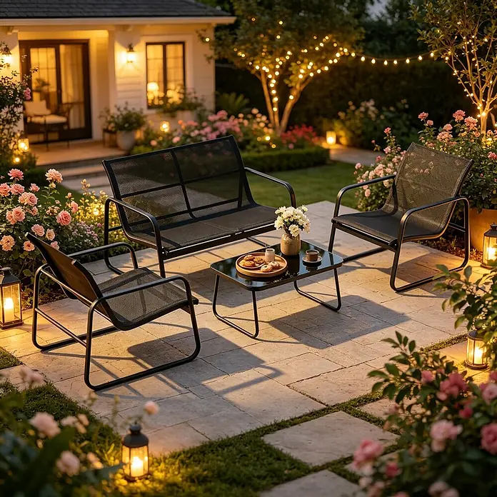 SONNENH Loungemöbel-Set - 4 -tlg., Pulverbeschichteter Stahl, gehärtetes Glas, Netzgewebe, Verstellbare Bodengleiter, Schwarz/Dunkelgrau - Schwarzes Metall-Mesh-Gartenmöbelset: zwei Stühle, eine Bank und ein Couchtisch auf einer Terrasse, beleuchtet von Gartenlichtern und umgeben von Rosen.