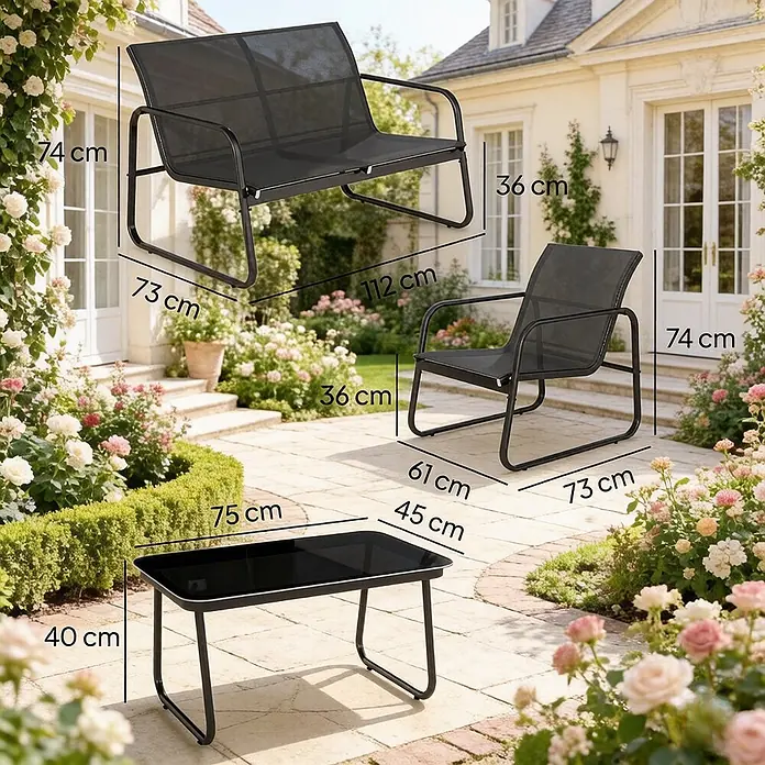 SONNENH Loungemöbel-Set - 4 -tlg., Pulverbeschichteter Stahl, gehärtetes Glas, Netzgewebe, Verstellbare Bodengleiter, Schwarz/Dunkelgrau - Schwarze Gartenmöbelgarnitur aus Metall mit Zweisitzerbank, Sessel und Couchtisch, in Gartenumgebung.