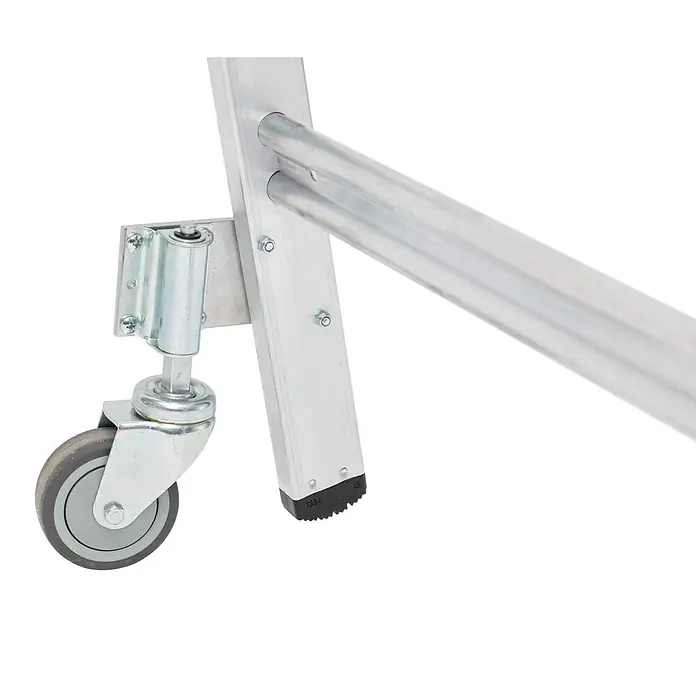 Hymer Stufenstehleiter mit Plattform und Rollen 6 Stufen -  - Graues Gummi-Lenkrad an einer Aluminiumleiter zur einfachen Bewegung befestigt.