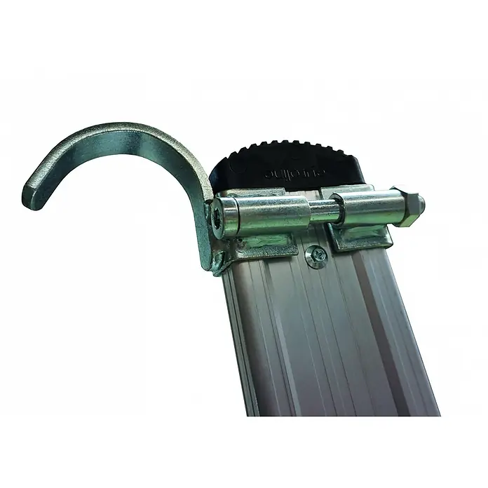 Euroline Premium 30176 Alu Stufenanlegeleiter mit Vario Einhängehaken Ø 60mm 18 Stufen -  - Silberfarbener Metallhaken und Verriegelungsmechanismus an einem Aluminiumleiterabschnitt.