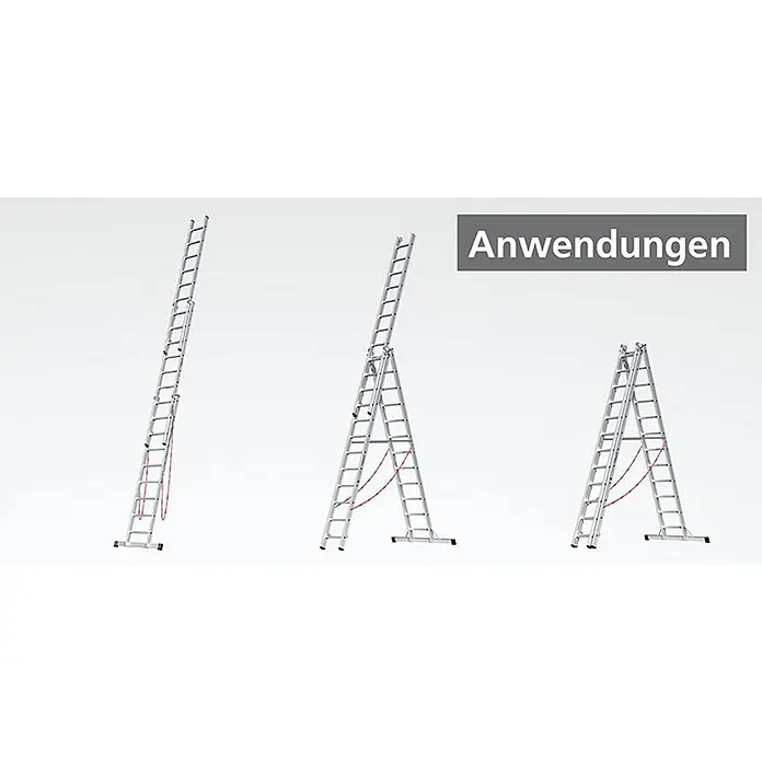 Euroline 207 Mehrzweckleiter 3x9 Sprossen -  - Drei Aluminium-Mehrzweckleitern in verschiedenen Konfigurationen: ausgefahrene Anlegeleiter, Stehleiter mit Auszug und Doppelstehleiter.