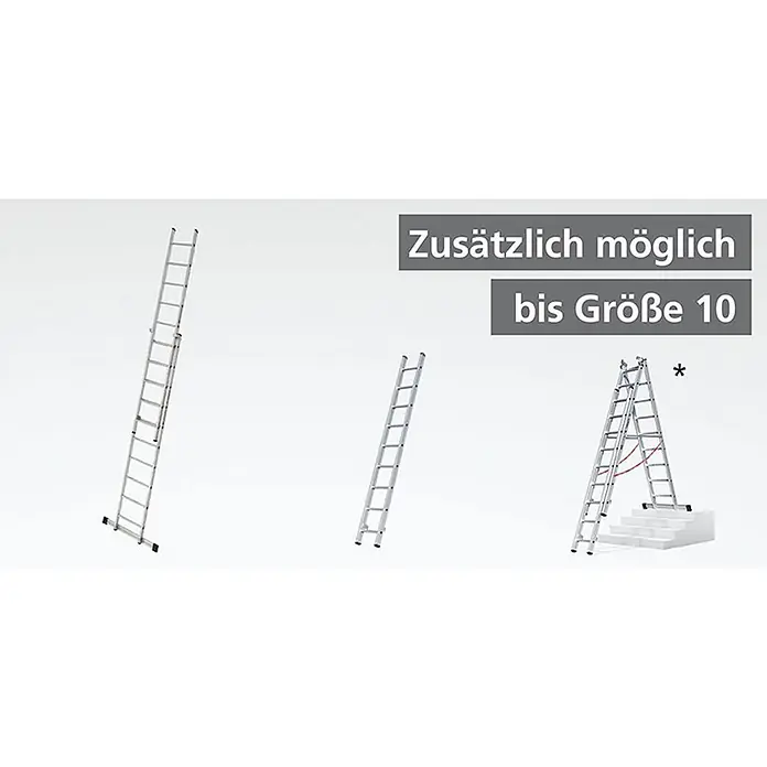 Euroline 207 Mehrzweckleiter 3x11 Sprossen -  - Silberne Mehrzweckleiter in Auszugs-, Anlege- und Stehleiter-Konfigurationen, eine davon auf Stufen.
