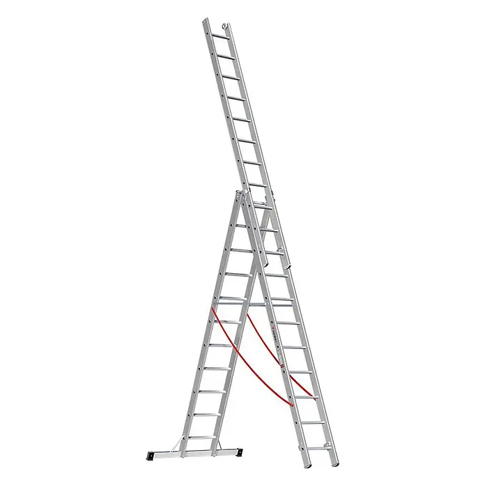 Euroline 207 Mehrzweckleiter 3x11 Sprossen -  - Silberne Aluminium-Mehrzweckleiter, als Stehleiter mit Auszug, roten Sicherheitsgurten und Stabilisator.