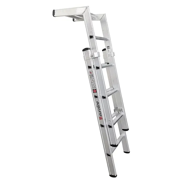 Euroline Premium 328 Plakatleiter 2x4 Sprossen -  - Silberne Aluminium-Mehrzweckleiter mit schwarzen Kappen und einer oberen Plattform.