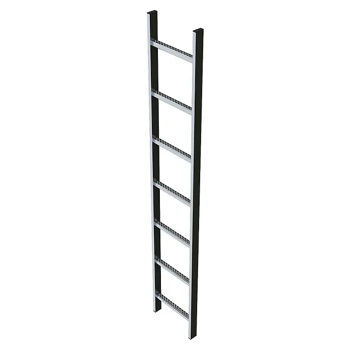 Zarges Schachtleiter 400mm lichte Breite Edelstahl, 7 Sprossen -  - Metallleiter mit schwarzen Holmprofilen und silberfarbenen, diagonal geneigten Sprossen mit rutschfester Oberfläche.