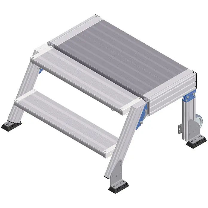 Zarges Treppenpodest 60° 800mm Stufenbreite 2 Stufen -  - Zweistufige Aluminium-Arbeitsplattform mit rutschfesten Oberflächen, schwarzen Füßen und integrierten Rädern.