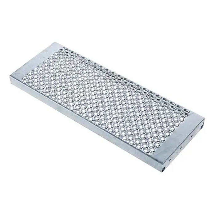 Zarges Treppenpodest 60° 800mm Stufenbreite 2 Stufen -  - Rechteckiges silbernes Metall-Antirutschgitter.