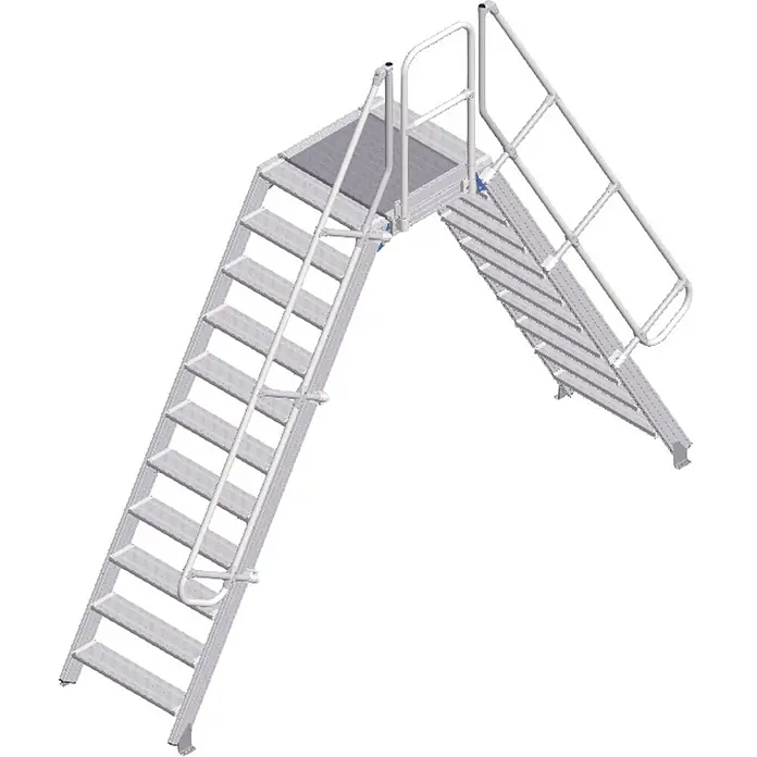 Zarges Überstieg 60° 800mm Stufenbreite 11 Stufen -  - L-förmiges modulares Industrietreppensystem aus hellgrauem Metall mit Geländern und Podest.