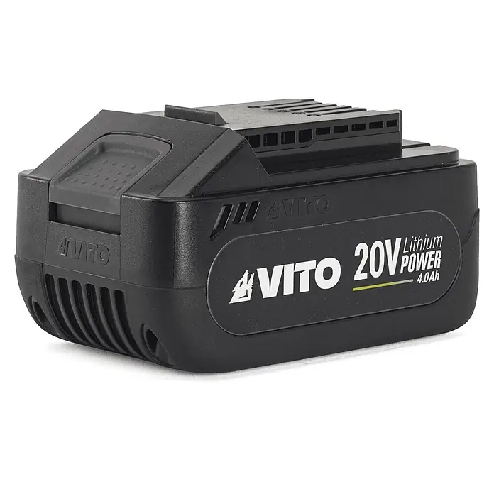 Vito Batería - 20 V, 4 Ah, Iones de litio - Batería de herramienta VITO 20V 4.0Ah Litio Power negra con botón de liberación gris y terminales visibles.