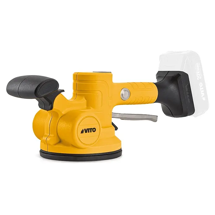 Vito Ventosa vibratoria VIBCVV - 20 V, 2 baterías, 130 mm - Vibrador de azulejos VITO amarillo y negro con mangos ergonómicos y base de ventosa.