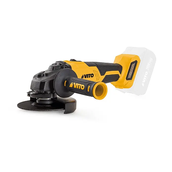 Vito Amoladora angular de batería VIBCRBSFL20A - 1 batería, 4 Ah, Diámetro disco: 115 mm - Una amoladora angular inalámbrica amarilla y negra con disco de corte negro y mango auxiliar.