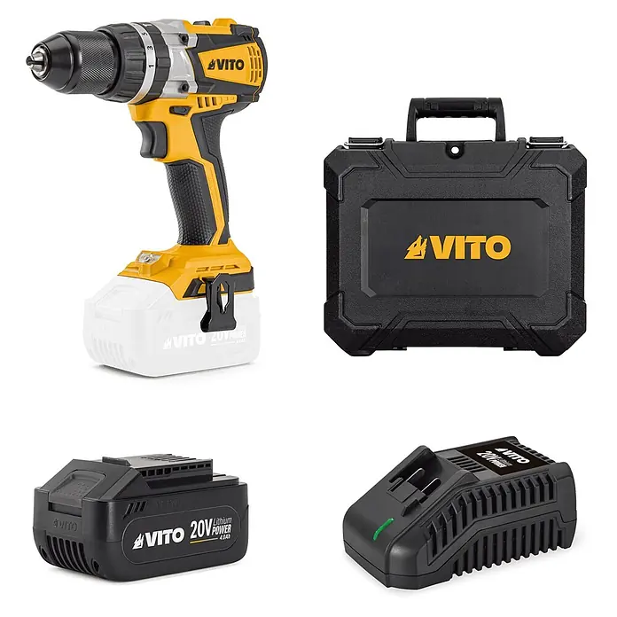 Vito Taladro atornillador de batería VIBCBBSFL20 - 20 V, 1 batería, 4 Ah, 60 Nm - Un set de taladro inalámbrico VITO negro y amarillo que incluye taladro, batería, cargador y estuche.