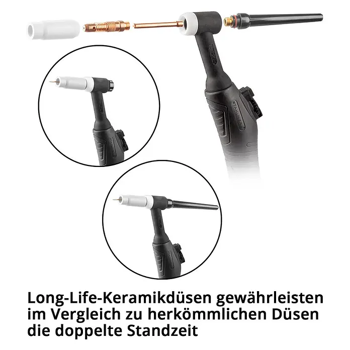 STAHLWERK Verschleißteile-Set WP-26 WIG -  - Bestandteile eines TIG-Schweißbrennerkopfs (Keramikdüse, Spannhülse, Elektrode) und montierte Ansichten.