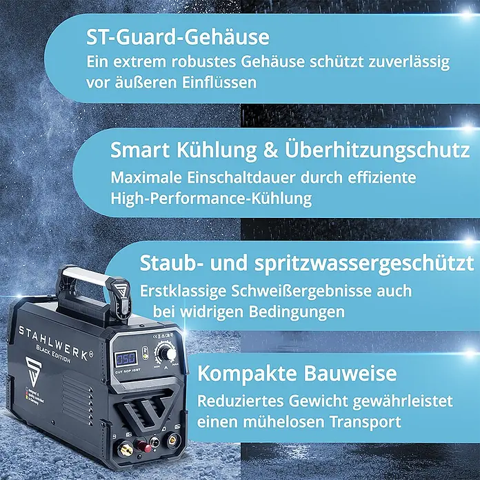 STAHLWERK Plasmaschneider CUT 50 Pilot IGBT mit Pilotzündung Vollausstattung -  - Schwarzes STAHLWERK Schweißgerät mit silbernem Griff, robust und kompakt für den Einsatz unter widrigen Bedingungen.
