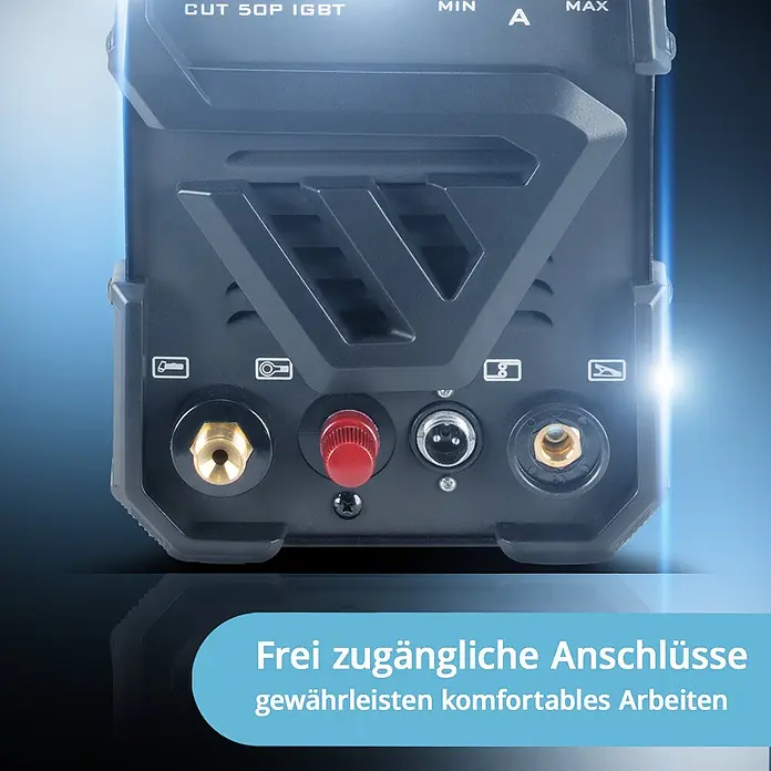 STAHLWERK Plasmaschneider CUT 50 Pilot IGBT mit Pilotzündung Vollausstattung -  - Dunkelgraues Plasmaschneidgerät mit gut sichtbaren, zugänglichen Anschlüssen für komfortables Arbeiten.