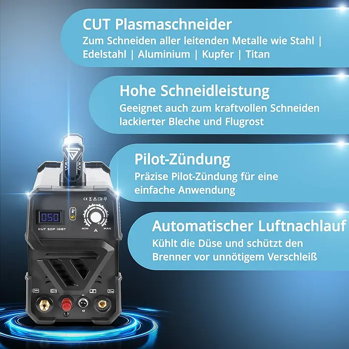 STAHLWERK Plasmaschneider CUT 50 Pilot IGBT mit Pilotzündung Vollausstattung -  - Ein schwarz-grauer Plasmaschneider mit Digitalanzeige und Bedienknöpfen, zum Schneiden verschiedener Metalle.