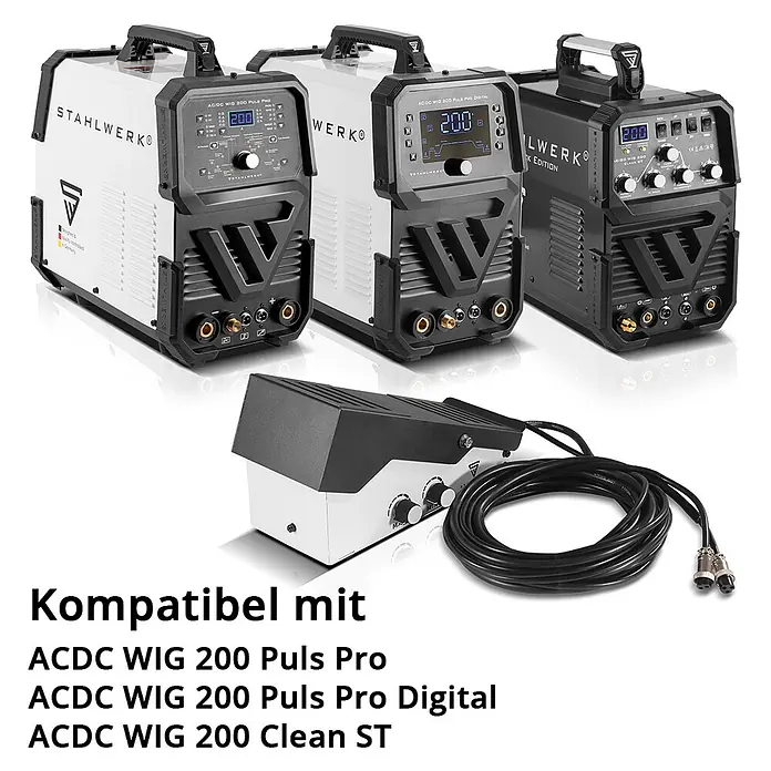 STAHLWERK WIG Fußpedal AC/DC WIG 200 Puls Pro und AC/DC WIG 200 Puls Pro Digital -  - Drei Schweißgeräte (zwei weiß, eines schwarz) und ein weiß-schwarzes Fußpedal mit Kabel.