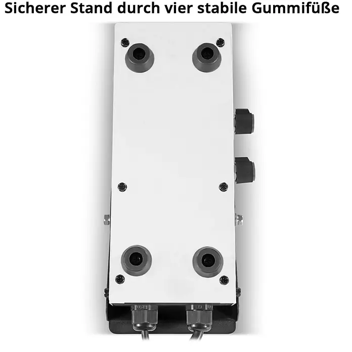 STAHLWERK WIG Fußpedal AC/DC WIG 200 Puls Pro und AC/DC WIG 200 Puls Pro Digital -  - Unterseite eines weißen Elektronikgeräts mit vier stabilen schwarzen Gummifüßen und Kabelverschraubungen.