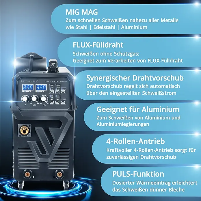 STAHLWERK Schweißgerät MIG 270 Puls Pro 4-in-1 Schweißgerät Pulsfunktion 270 A -  - Dunkelgraues STAHLWERK MIG/MAG 270 PULS PRO Schweißgerät mit Digitalanzeige und Bedienfeld für den professionellen Einsatz.