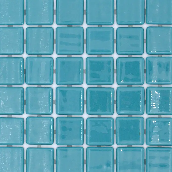 Mosaikfliese Quadrat Eco VP25832PUR - 31,6 x 31,6 cm, Glas, Grünblau, Glänzend - Glänzende blaugrüne rautenförmige Keramikmosaikfliesen im Gittermuster.