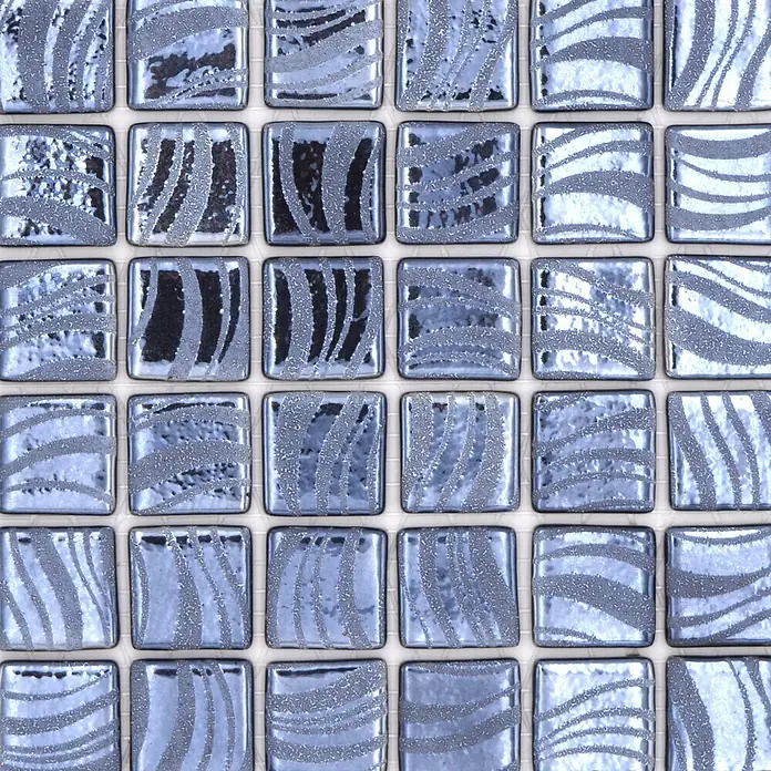 Mosaikfliese Quadrat Eco VP78253PUR - 31,6 x 31,6 cm, Schwarz, Schimmernd - Glänzende silberne Mosaikfliesen mit texturierten, wellenförmigen Streifen, in einem Raster angeordnet.