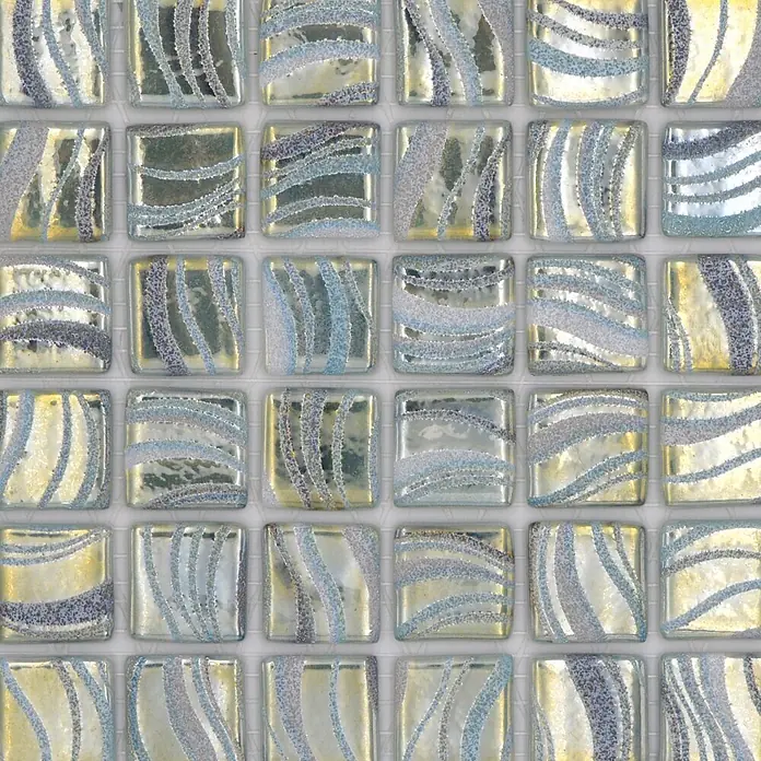Mosaikfliese Quadrat Eco VP78256PUR - 31,6 x 31,6 cm, Glas, Jade, Glänzend - Schillernde Glasmosaikfliesen mit diagonalen strukturierten silbernen und goldenen Streifen.